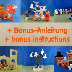 Può includere: Un set di decorazioni di Halloween in legno con una casa a forma di zucca, un albero con fantasmi, uno spaventapasseri e una fila di fantasmi. Il set include anche un libretto di istruzioni bonus. + Bonus-Anleitung + bonus instructions