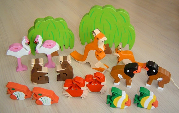 chicken piglet,cock pig bush DIY pdf patterns tutorial for 10 different wooden animals in Waldorf style
