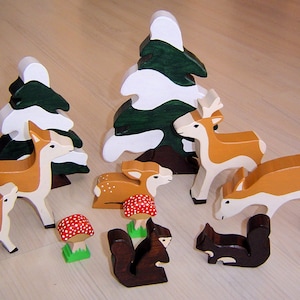 pdf patterns / tutorial for 10 different wooden animals in Waldorf style, DIY - conifer, mushroom, deer, squirrel