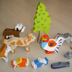 pdf patterns / tutorial for 10 different wooden animals in Waldorf style, DIY - birch tree, cat, mouse, fich, dog, Husky