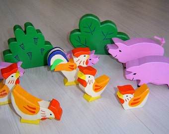 pdf patterns / tutorial for 10 different wooden animals in Waldorf style, DIY - pig, piglet,cock, chicken, bush