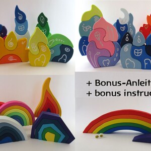 Op de afbeelding: Een set kleurrijke houten stapel speelgoed, waaronder een regenboog boog, een golf, een vuur en een huis. Het speelgoed is gemaakt van natuurlijk hout en is geschilderd in felle kleuren. + Bonus-Anleitung + bonus instructions