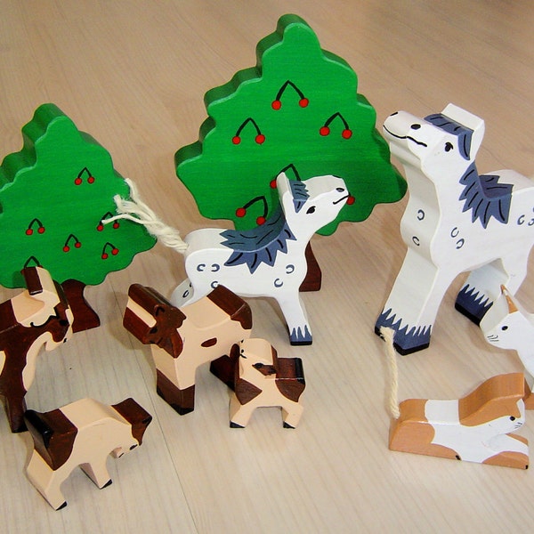 pdf patterns / tutorial for 10 different wooden figures in Waldorf style, DIY - white horse, cat, goat, tree