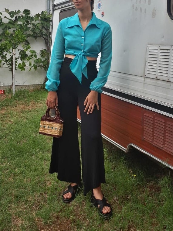 70s Tie Front Cropped Blouse - Disco Blouse - Dagg