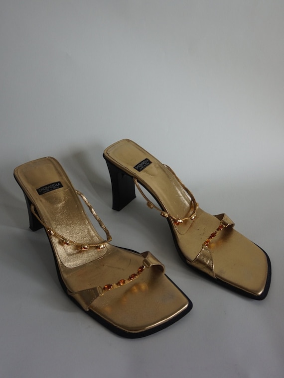 Y2k Gold Mules - Vintage Mules - Square Toe - High