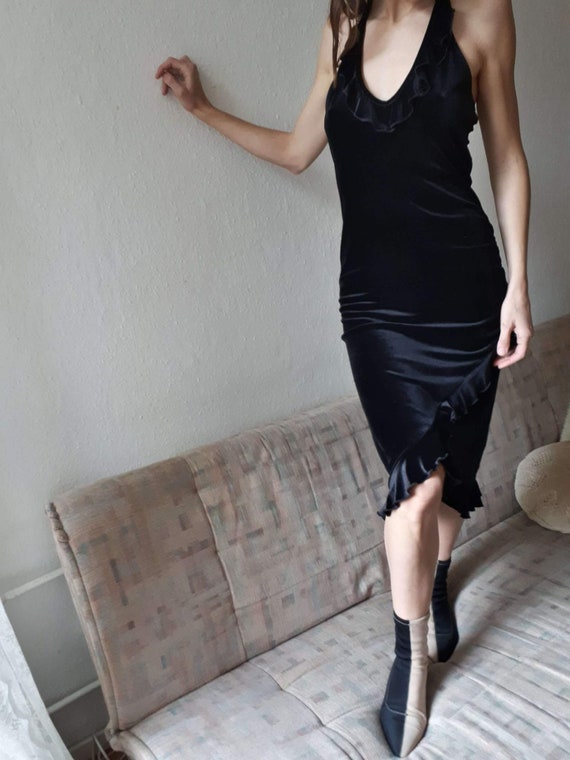 2000s Black Velvet Slip Dress - Ruffle Dress - Par