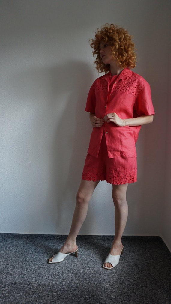 Linen Pant Suit - Coral Pink - Shorts Suit - 3 Pi
