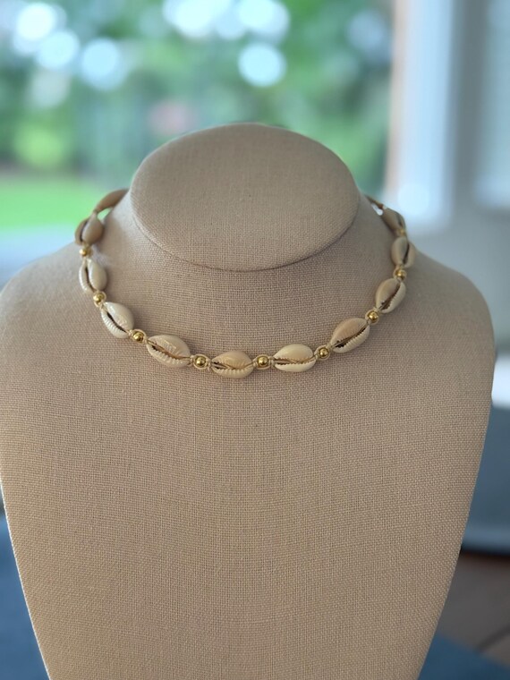 Cowrie Shell Choker: Gold Accent Beads, Adjustable Hemp Necklace