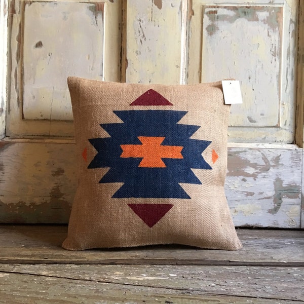 Burlap Pillow| Choose Your Colors | Aztec Tribal Pillow | Boho Decor - Made to Order | Southwestern pillow | Ranch decor