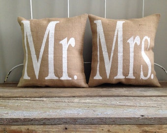 Burlap Pillows - 'Mr. & Mrs.' Burlap Pillows - Christmas Gift, Set of 2 - Wedding/Anniversary Gift, His and Hers