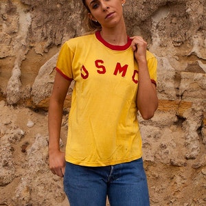 50s thrashed vintage USMC nylon jersey camiseta tamaño L marines estadounidenses oro / rojo cosido carta militar