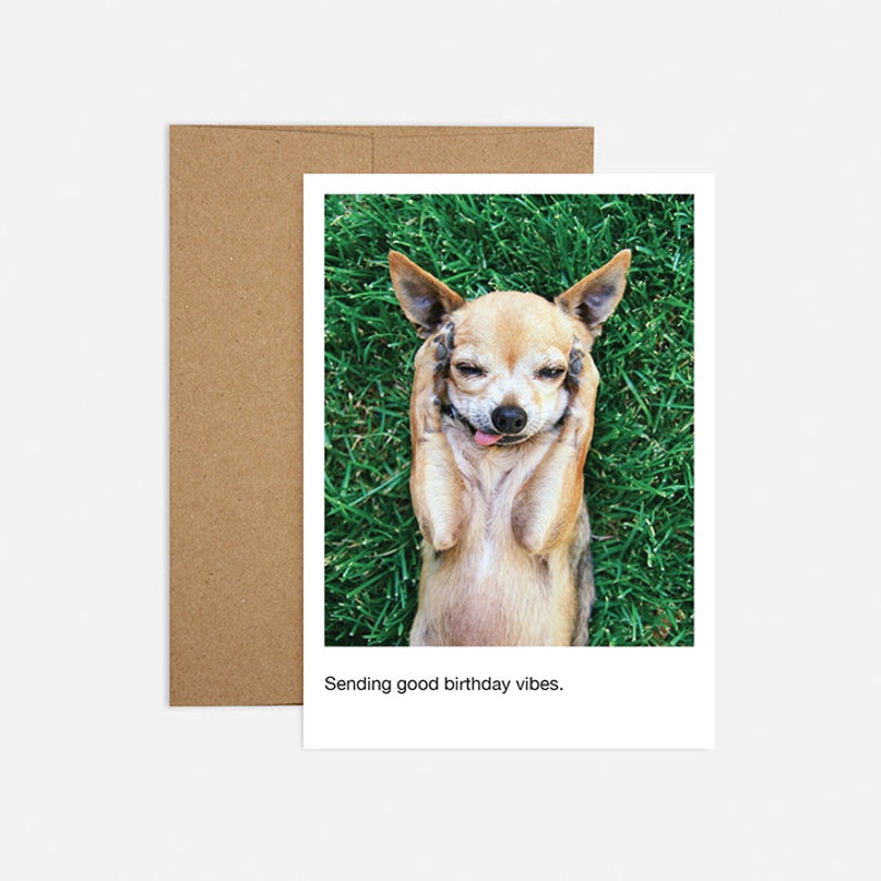 May include: A birthday card featuring a photo of a small brown and white chihuahua dog lying on its back on green grass with its paws in the air. The dog is sticking its tongue out and has a playful expression on its face. The text "Sending good birthday vibes." is printed below the photo.