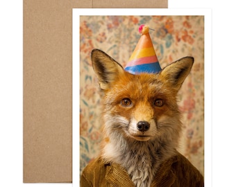 Fox Birthday Card with Party Hat, Recycled Paper