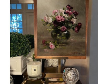 Sztuka martwej natury z różami w stylu vintage, romantyczny kwiatowy wystrój ścienny, francuski obraz wiejski, antyczna różowa róża, prezent dla babci i dziadka