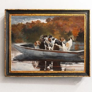 Vintage Dogs in Boat Art Print Antique Hunting Dog Artwork Rustic Cabin Decor Dog Lover Gift Lake & Woods Landscape Painting Reproduction