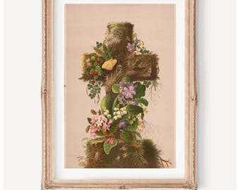 Vintage Floral Christian Art Cross Wall Decor Spring Religious Artwork Botanical Crucifx Jesus Illustration Faith Easter Home Decor Gift