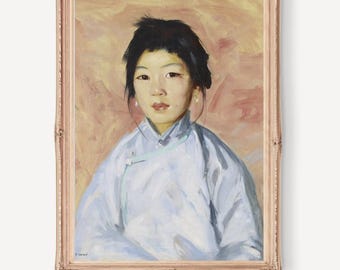 Sztuka portretowa w stylu vintage, reprodukcja portretu azjatyckiej dziewczyny, kobieca sztuka ścienna, wystrój Grandmillennial, miękka, neutralna, galeria ścienna, klasyczny wydruk
