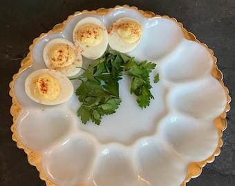 Easter Tablescape Vintage Milk Glass Deviled Egg Tray Easter decor Grandmillennial Anthropologie Spring Entertaining Dish Anchor Hocking