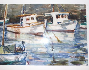 Original Watercolor Nautical Painting Coastal Seascape Art Lobster Boat Wall Art Beach Cottage Fishing Fine Art Decor