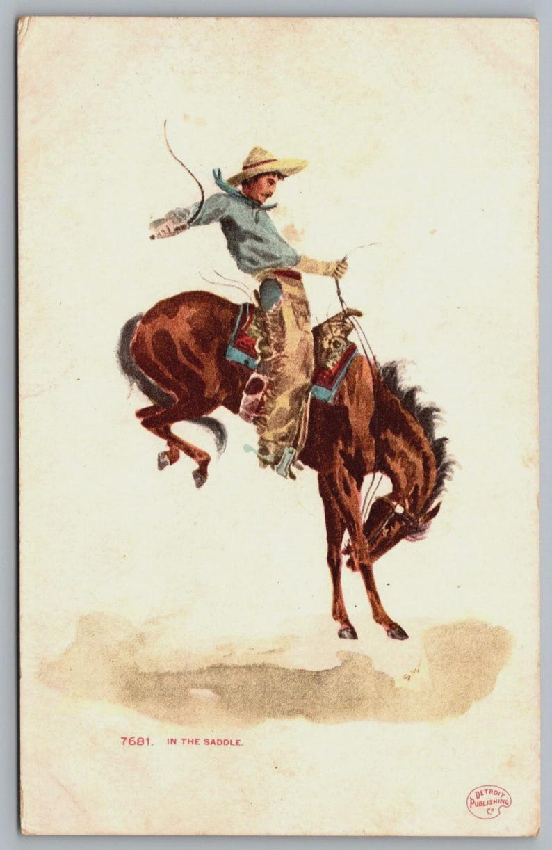 Antique cowboy postcard illustration of a bronco rider mid-buck from “In the Saddle.” Western horse art with retro colors, perfect for ranch-style décor, farmhouse walls, boys’ rooms, or vintage Americana collectors. Rustic Western artwork reproduction for home or cabin