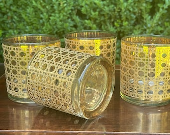 Vintage Gold Double Old Fashioned Glasses Pair MCM Rocks Tumblers Hollywood Regency Barware Culver Cannella 22K
