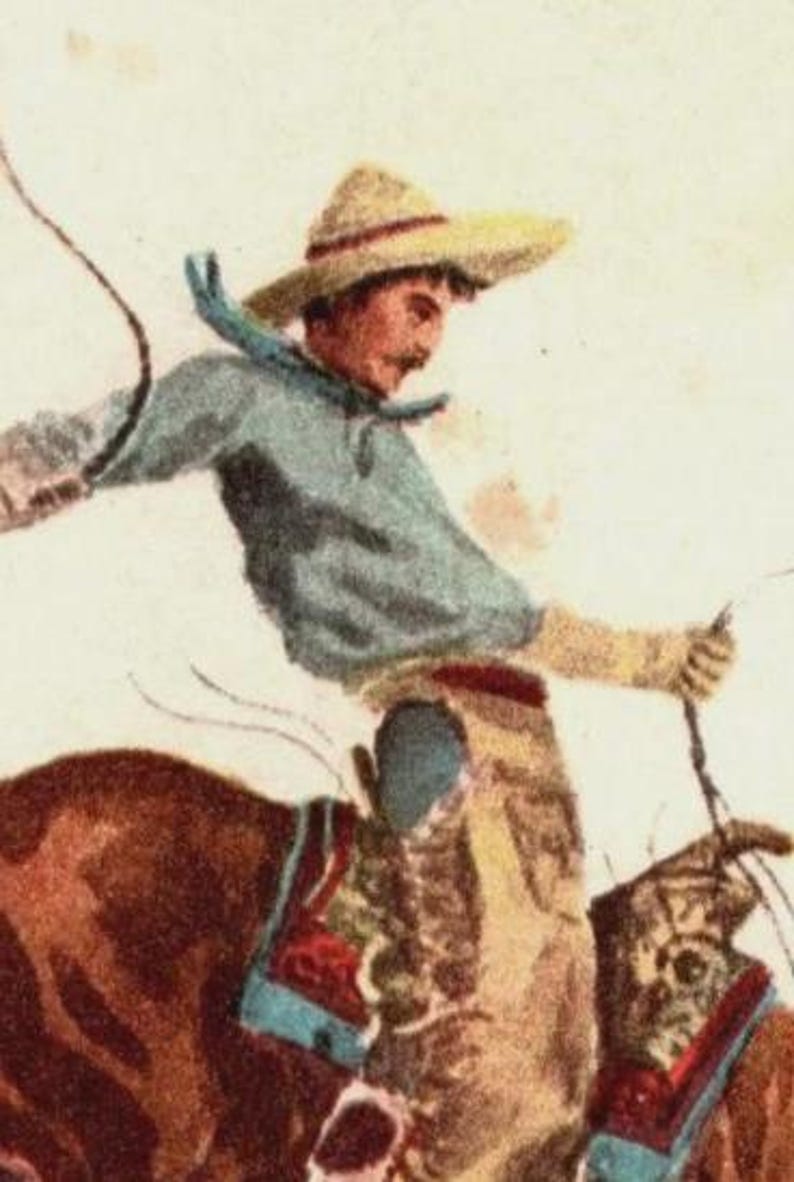 Close-up of vintage Western cowboy riding a bucking bronco, originally published as “In the Saddle.” Classic cowboy art perfect for Western home décor, ranch interiors, farmhouse walls, or collectors of vintage Americana illustrations.