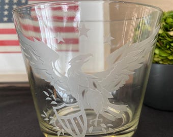 Vintage American Eagle glass ice Bucket  Bowl Patriotic Barware USA Entertaining Mid Century cocktails 4th of July Decor 1976