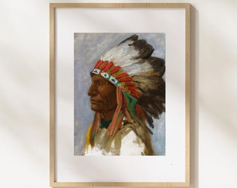 Vintage Native American Chief Art Print Western Cowboy Wall Art Rustic Ranch Decor Southwestern Art Headdress Portrait Cowboy Americana West