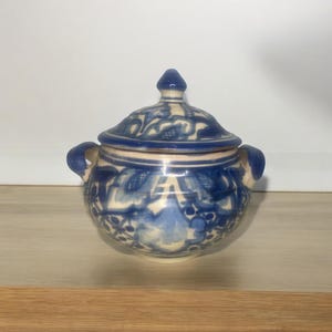 Blue and White sugar bowl, 2pcs vintage pottery. Made in Mexico