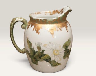 Antique T & V Limoges Pitcher Hand Painted Botanical Cactus Floral Porcelain Vase Gold Gilt Victorian Decor French Country Vintage Jug