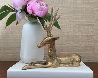 Vintage Brass Deer Figurine Mid Century Modern Decor Stag Statue Hollywood Regency Shelf Decor Woodland Lodge Accent Animal Sculpture