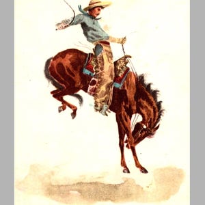 Cowboy in mid-ride on a bucking bronco from the vintage “In the Saddle” postcard series. Rustic Western horse art great for cabin décor, ranch styling, boys’ cowboy rooms, or vintage artwork collections. Soft antique colors and authentic Western charm.