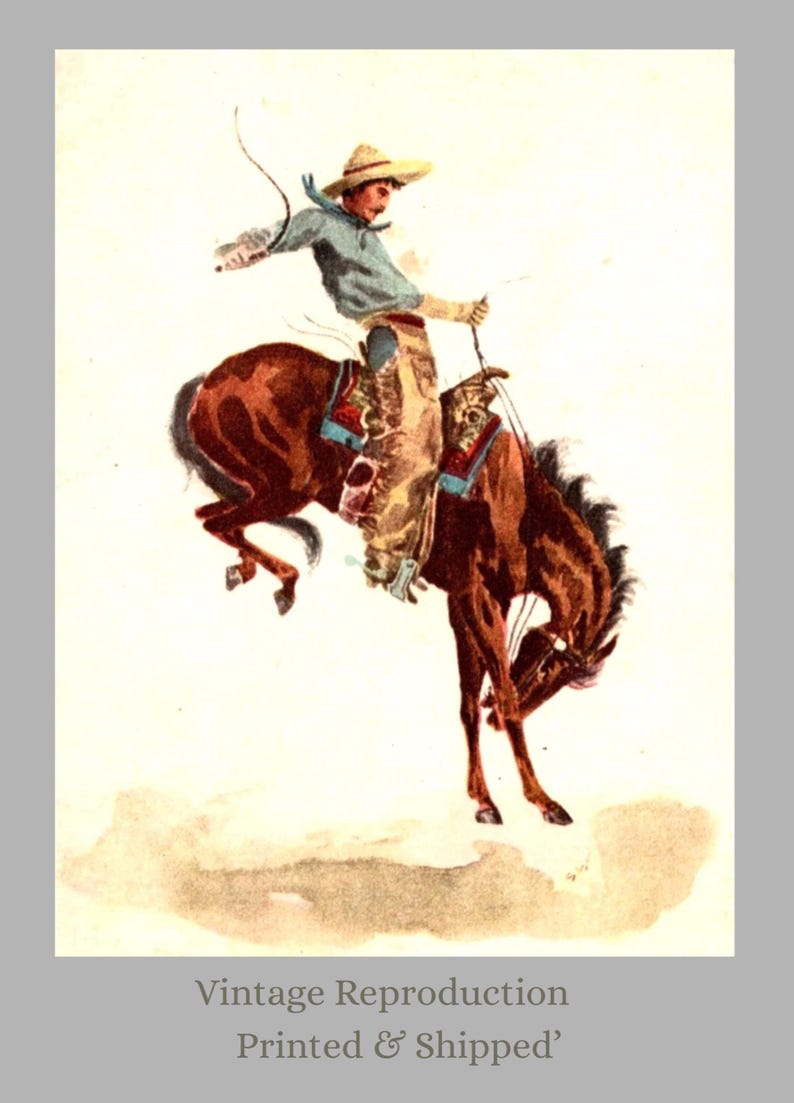 Cowboy in mid-ride on a bucking bronco from the vintage “In the Saddle” postcard series. Rustic Western horse art great for cabin décor, ranch styling, boys’ cowboy rooms, or vintage artwork collections. Soft antique colors and authentic Western charm.