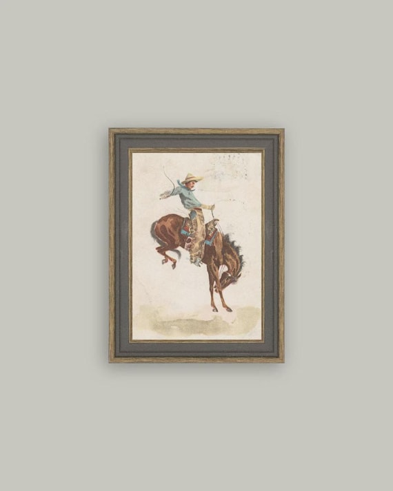 Vintage Western Cowboy Art “In the Saddle” Bronc Rider Illustration Rustic Wall Decor Cowboy Nursery Artwork Masculine Home Americana Rodeo