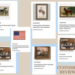 May include: A collection of framed art prints featuring a beagle, a bucking horse, a brown horse, an American flag, and dogs in a boat. Each print is accompanied by a five-star rating and a customer review from a verified Etsy buyer.