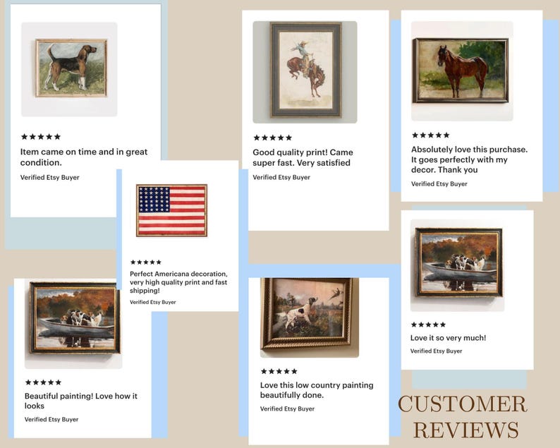 May include: A collection of framed art prints featuring a beagle, a bucking horse, a brown horse, an American flag, and dogs in a boat. Each print is accompanied by a five-star rating and a customer review from a verified Etsy buyer.