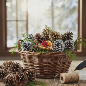 May include: A rustic wicker basket brimming with pine cones, some with silver and gold glitter. The arrangement features evergreen sprigs, dried orange slices, and red berries. A spool of twine and a glue gun are also present.