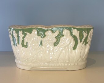 Vintage Japanese Ceramic Planter Hand Painted Ivory Green Figural Cachepot Classical Relief Jardiniere  Figural Italian Decor Cottagecore