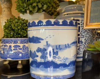 Blue White Chinese Porcelain Tea Caddy Pagoda Landscape Chinoiserie Ginger Jar Tea Storage Asian Accent Decor Grandmillennial Granny core