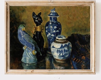 Vintage Blue & White Chinoiserie Art Print Still Life Art Decor Grandmillennial Painting Moody Dark Academia wall decor cat