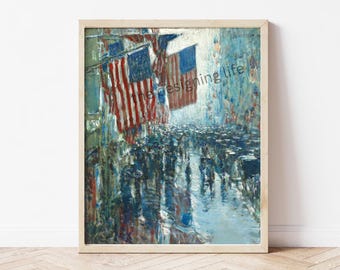 Patriotic Americana Wall Art Impressionist American Flag Painting America 250 Anniversary Decor Veteran Tribute Gift Rainy Day Fifth Avenue