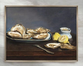 Vintage French Art Oyster lemon decor Coastal painting Seaside wall art Reproduction kitchen Seafood Moody Dining Room Decor Dark Academia