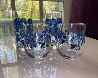 Vintage Blue Floral Highball Glasses Set of 2 Chinoiserie Blue & White Drinkware Libbey Mikonos Retro Cocktail Glasses Bar Cart Decor