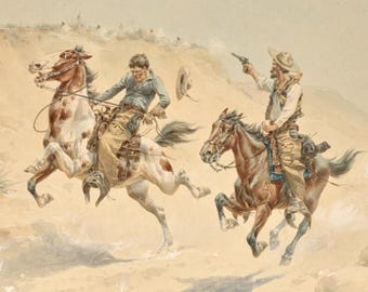 Vintage Cowboys Art Print, western wall decor horse back Earthy Tones Traditional Rustic Art Masculine Home Americana Rodeo