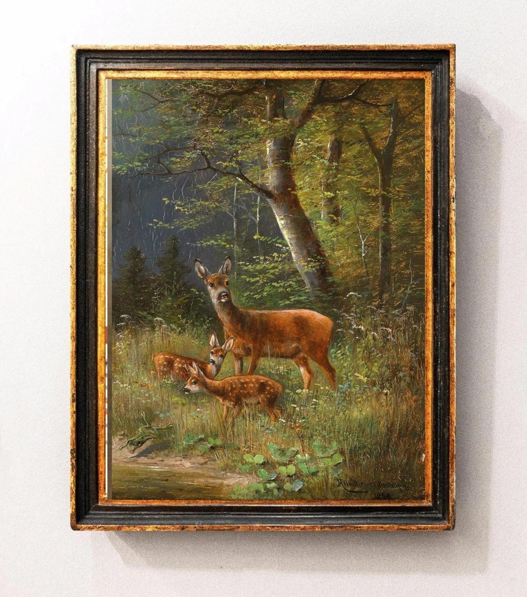 Vintage Deer Print Rustic Cabin Decor Woodland Wildlife Painting ...