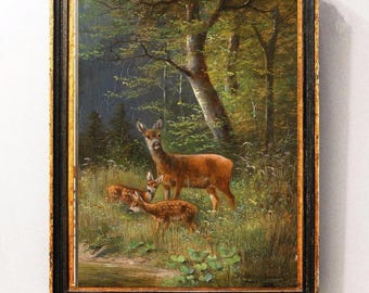 Vintage Deer Family Wall Art Print Rustic Cabin Decor Woodland Wildlife Painting Masculine Lodge Wall Decor Nature Wall Art Print