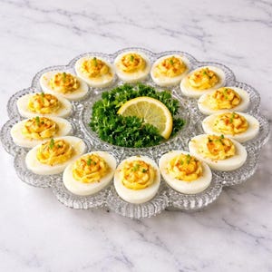 May include: A clear glass serving platter holds deviled eggs, garnished with parsley and a lemon slice. The eggs are arranged in a circular pattern, each topped with a yellow filling and a sprinkle of paprika. The platter sits on a white marble surface.