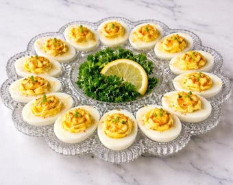 Easter Tablescape Vintage Pressed glass Deviled Egg Tray Easter decor Grandmillennial Anthropologie Spring Entertaining Dish Anchor Hocking