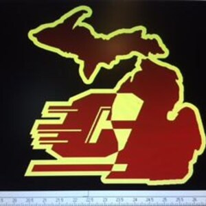 May include: A red outline of the state of Michigan with a yellow stylized letter "M" inside. The letter "M" is in a bold, modern font.