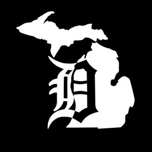 May include: A white silhouette of the state of Michigan with a black stylized letter "D" superimposed over it. The letter "D" is in a gothic font.